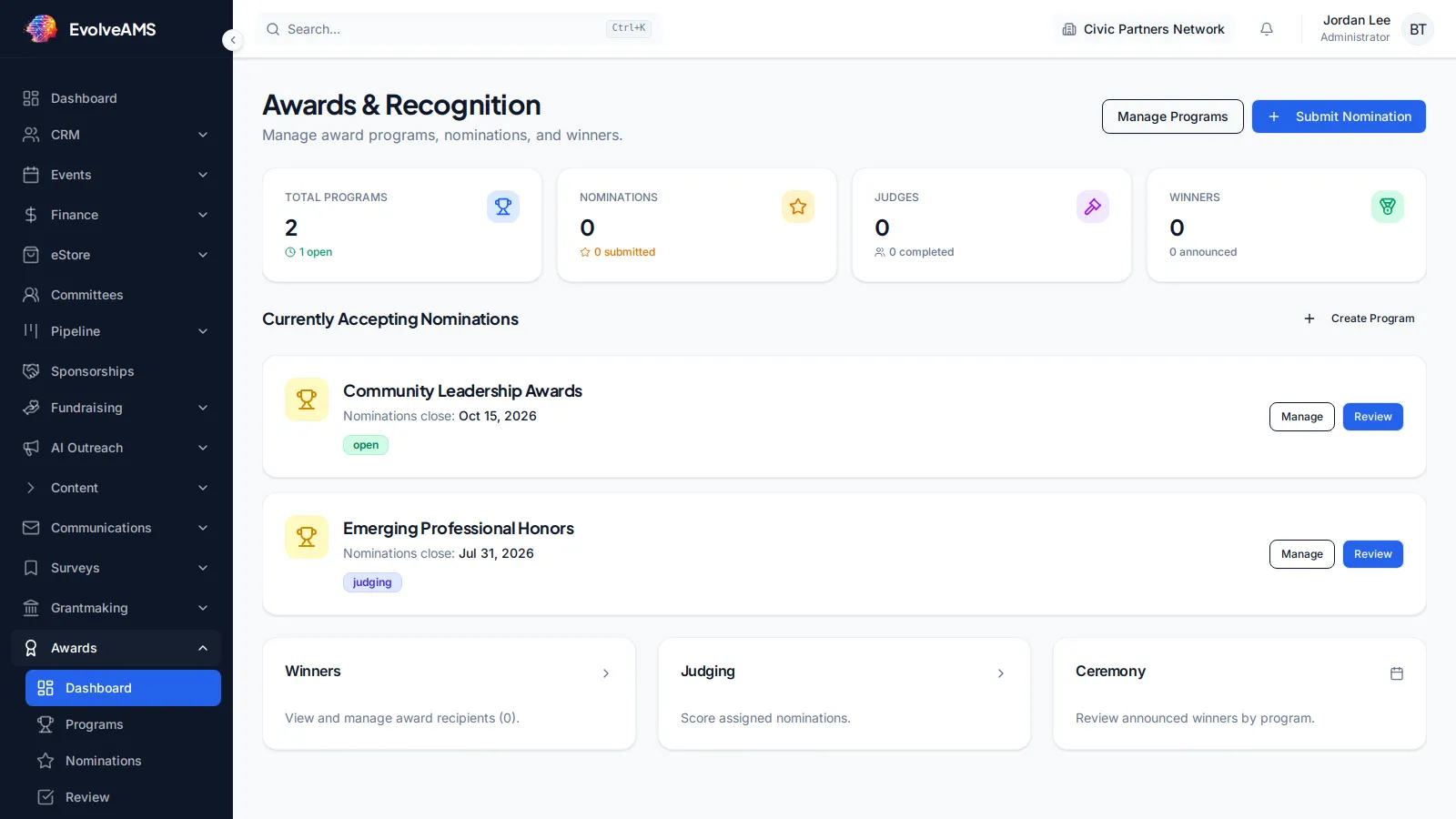 EvolveAMS Awards and Recognition dashboard with program, nomination, judge, winner, and ceremony controls