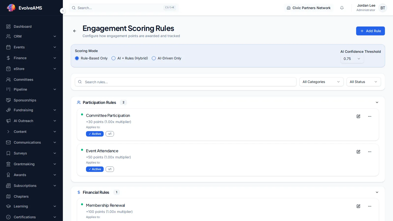 EvolveAMS Engagement Scoring Rules page with rule configuration controls and engagement settings navigation