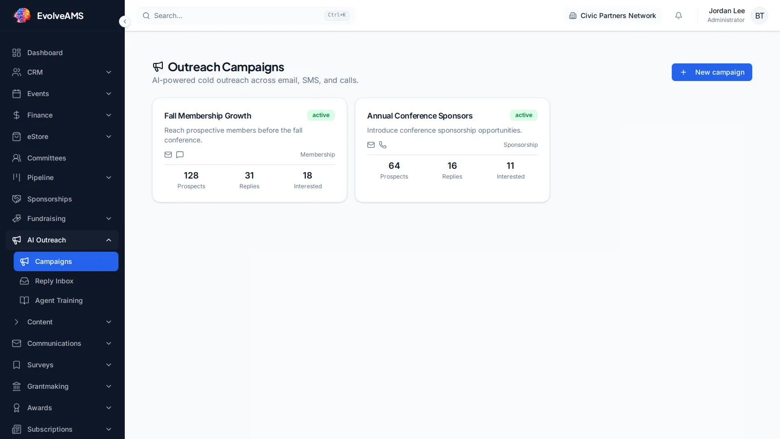 EvolveAMS Outreach Campaigns page with campaign creation, reply inbox, and agent training navigation
