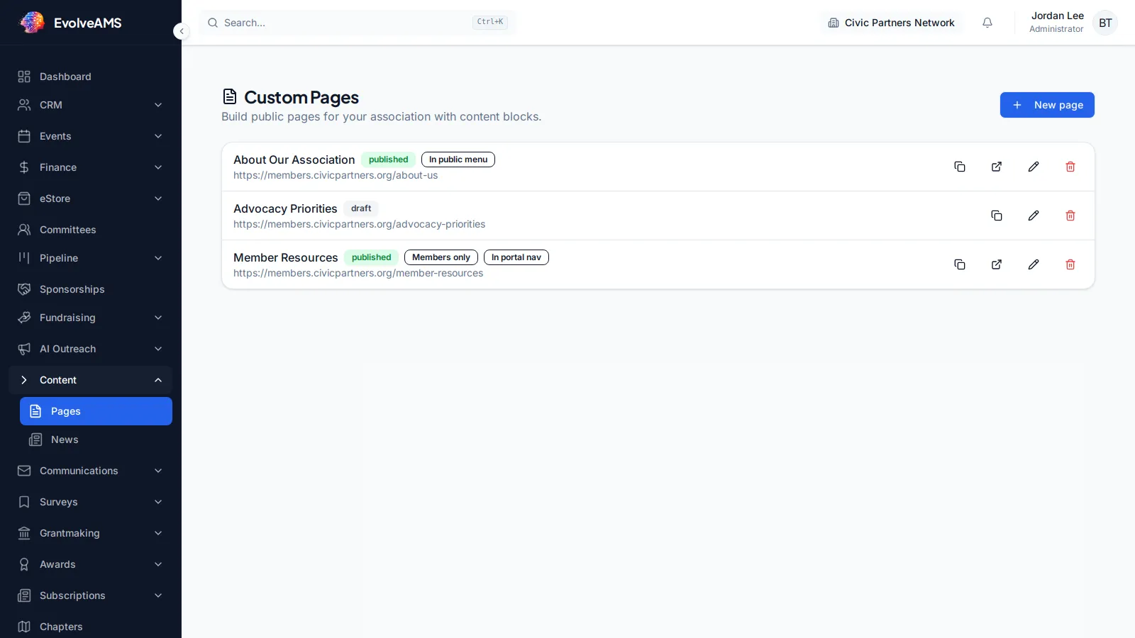 EvolveAMS Custom Pages workspace with page creation controls and Content navigation